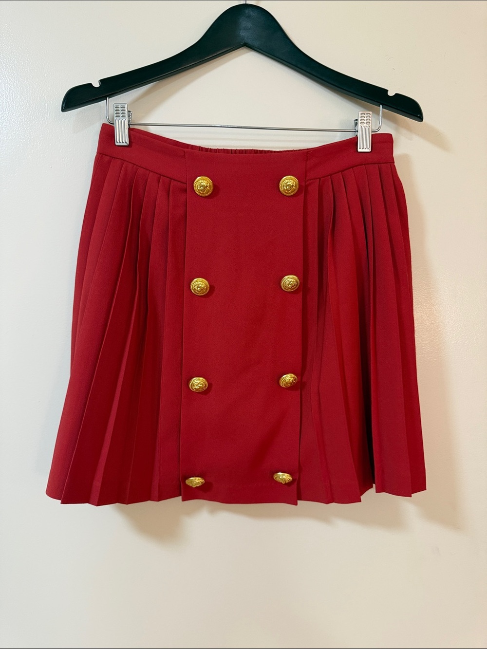 Anthropologie Red Pleated Mini Skirt with Gold Buttons